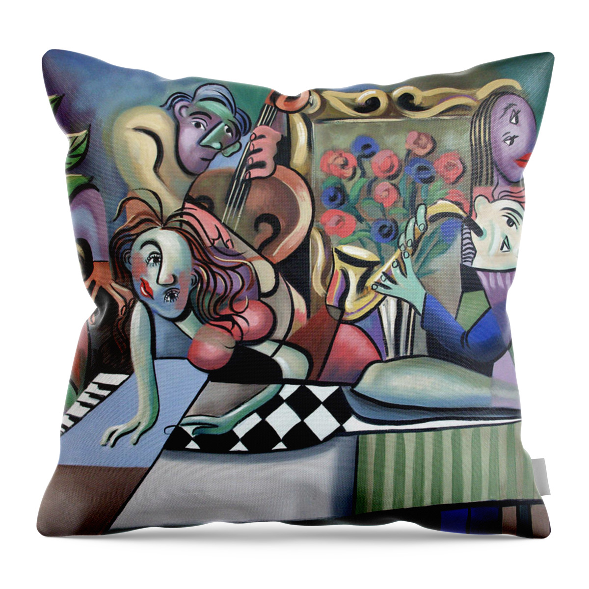 Fridays At Bernies Framed Prints Throw Pillow featuring the painting Play It Again Sam by Anthony Falbo