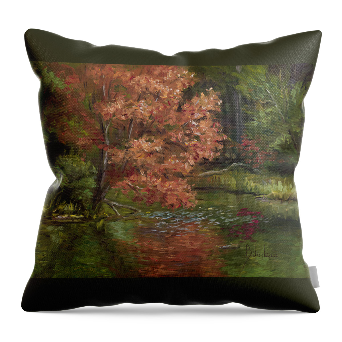 Nature Throw Pillow featuring the painting Plein Air - Red Tree by Lucie Bilodeau