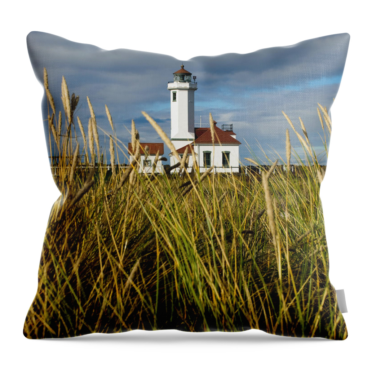 Architecture Throw Pillow featuring the photograph Point Wilson Lighthouse and Grassy Foreground by Jeff Goulden