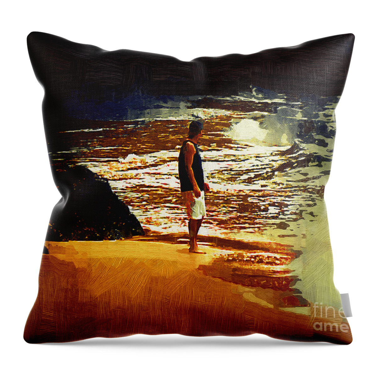 Beach Throw Pillow featuring the painting Pondering The Surf by Kirt Tisdale