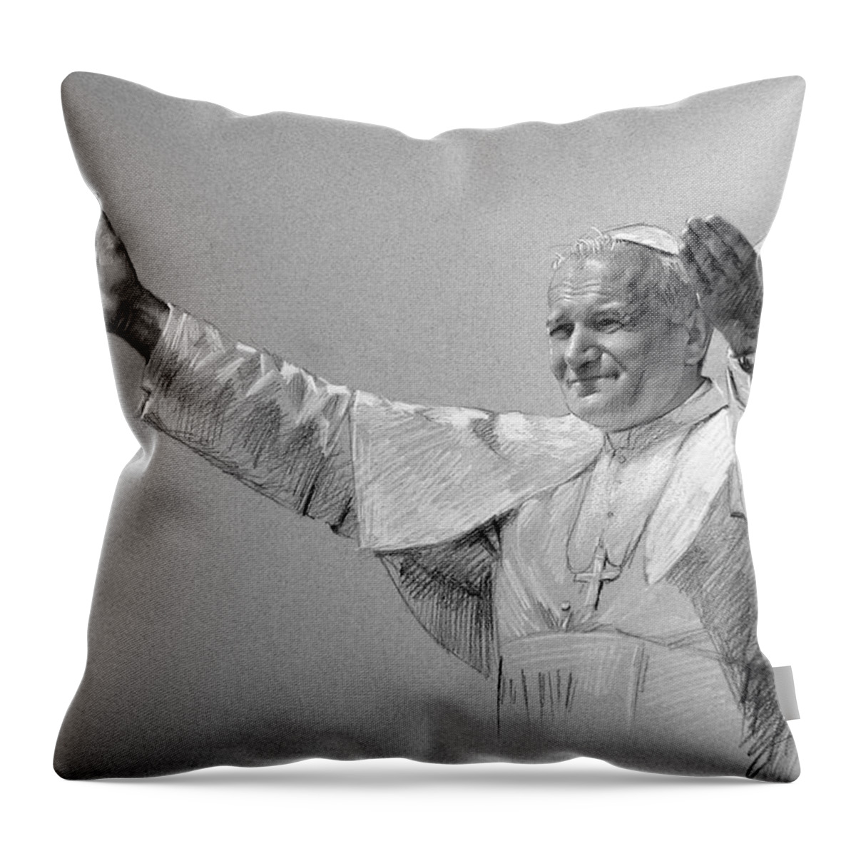 Pope John Paul Ii Throw Pillow featuring the drawing POPE JOHN PAUL II bw by Ylli Haruni