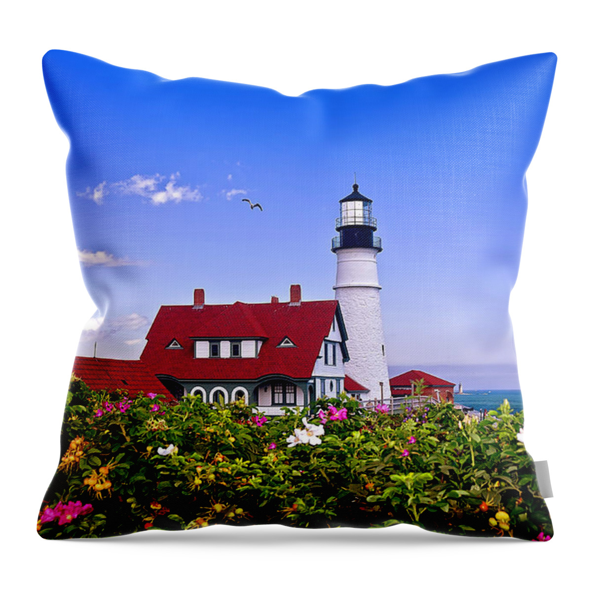 Maine Throw Pillow featuring the photograph Portland Head Light and Roses by Mitchell R Grosky
