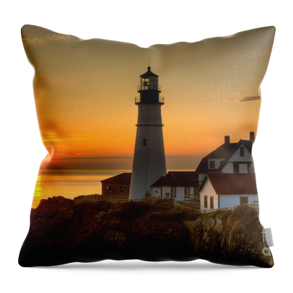 Clarence Holmes Throw Pillow featuring the photograph Portland Head Light at Sunrise II by Clarence Holmes