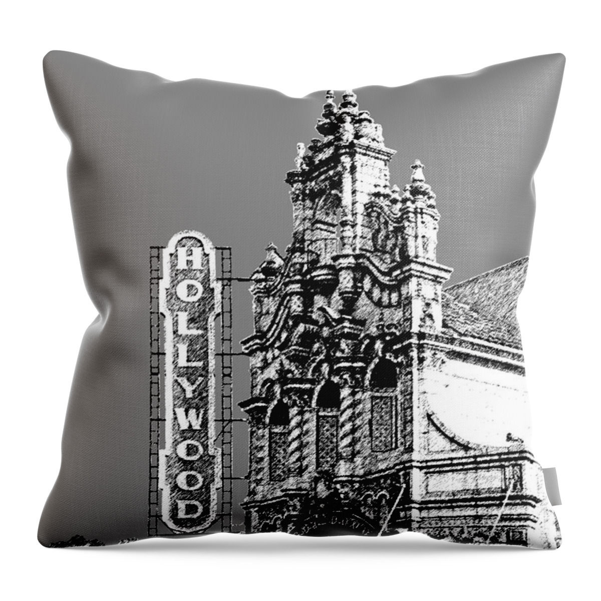 Architecture Throw Pillow featuring the digital art Portland Skyline Hollywood Theater - Pewter by DB Artist