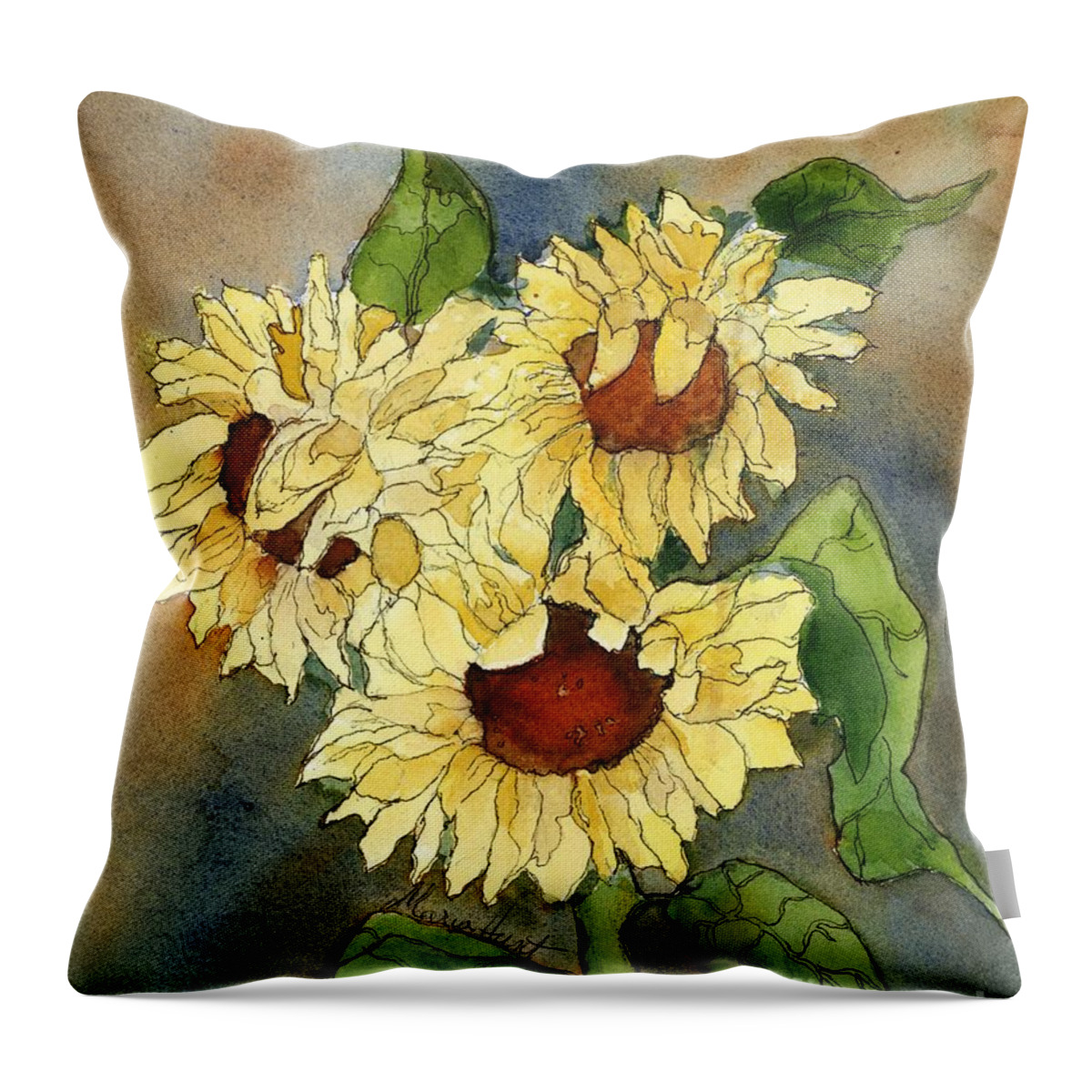 Sunflowers Throw Pillow featuring the painting Portrait of Sunflowers by Maria Hunt