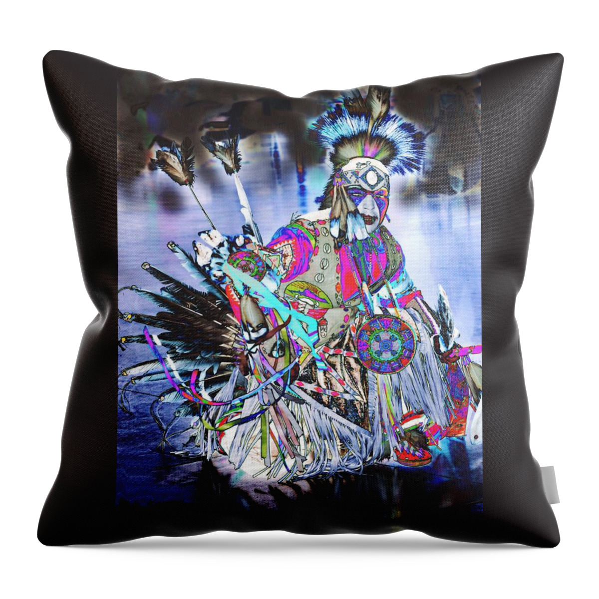 American Indian Throw Pillow featuring the digital art Powwow dancer in Warrior Regalia by Kae Cheatham