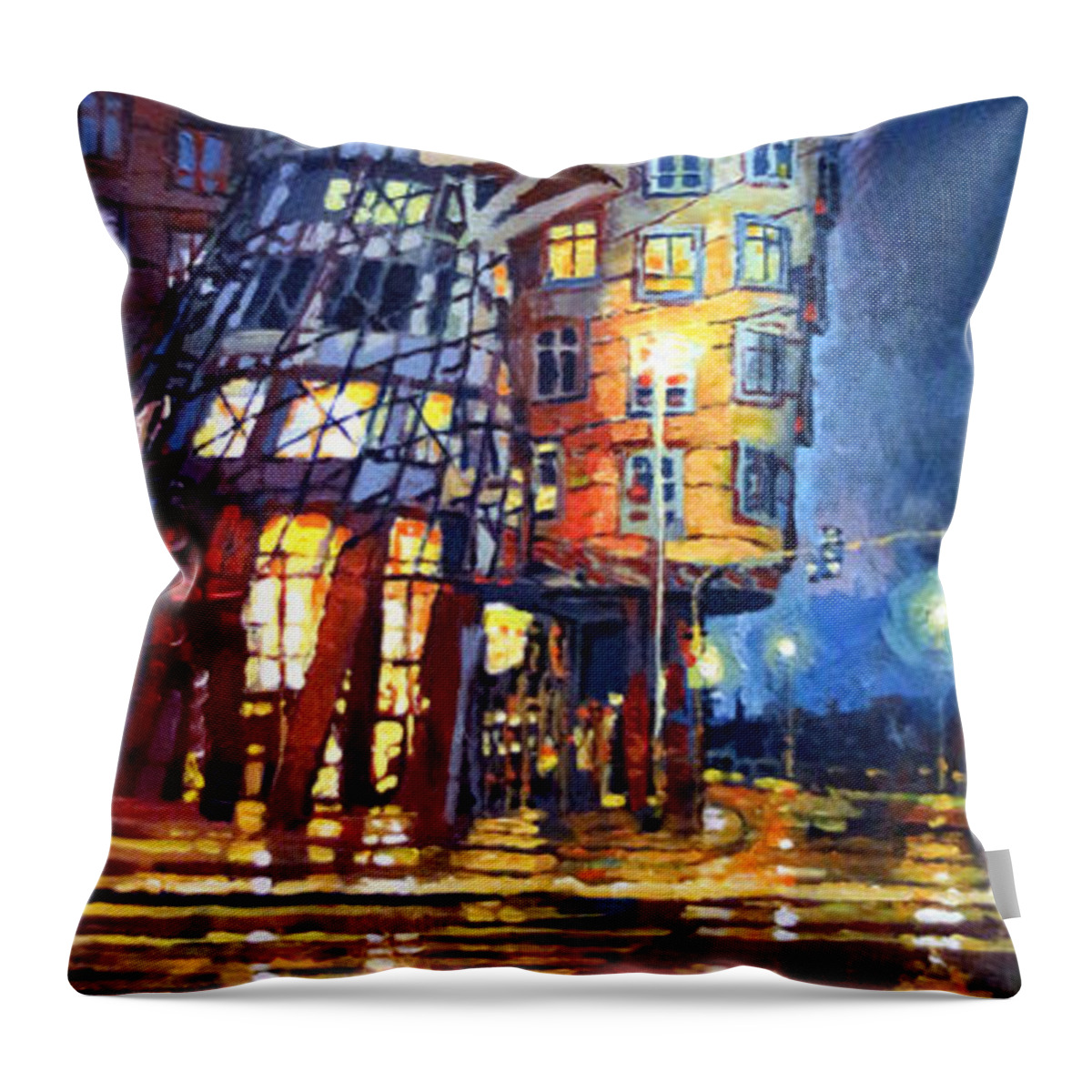 Oil Throw Pillow featuring the painting Prague Dancing House by Yuriy Shevchuk