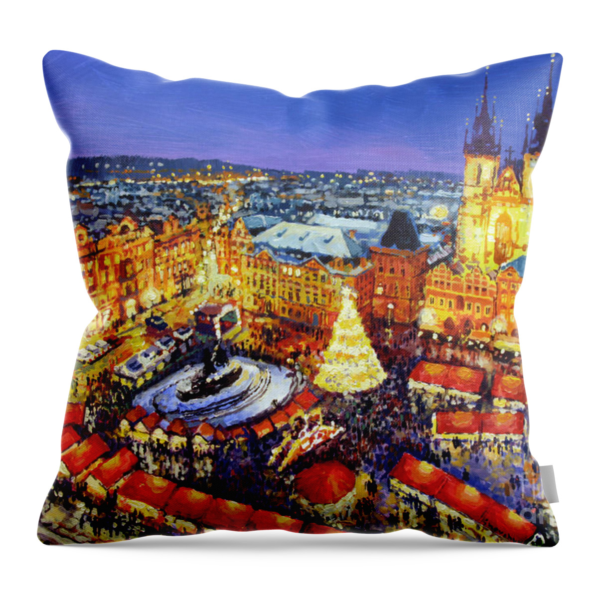Acrilic Throw Pillow featuring the painting Prague Old Town Square Christmas Market 2014 by Yuriy Shevchuk