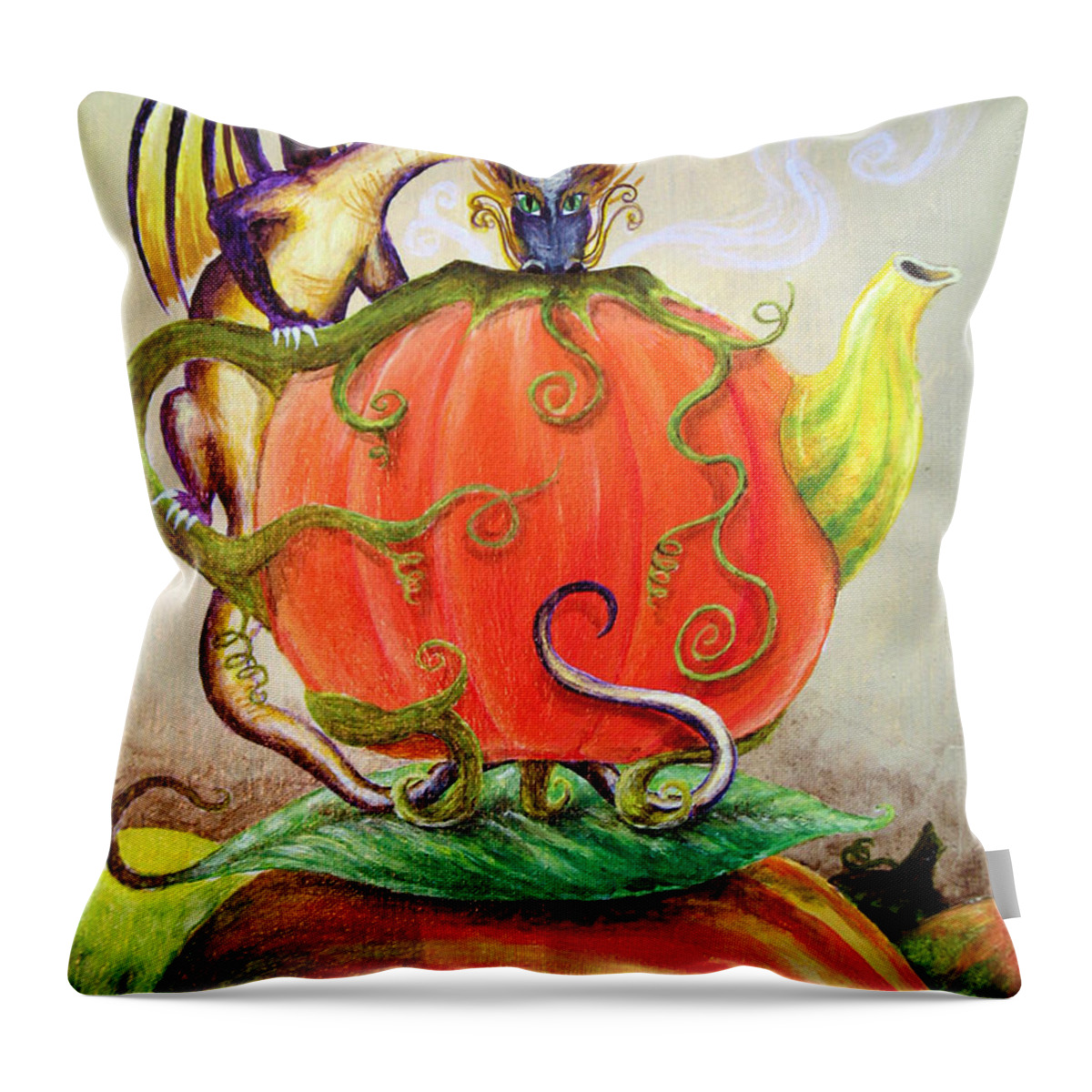 Dragon Throw Pillow featuring the painting Pumpkin Tea Dragon by Michelle Bien
