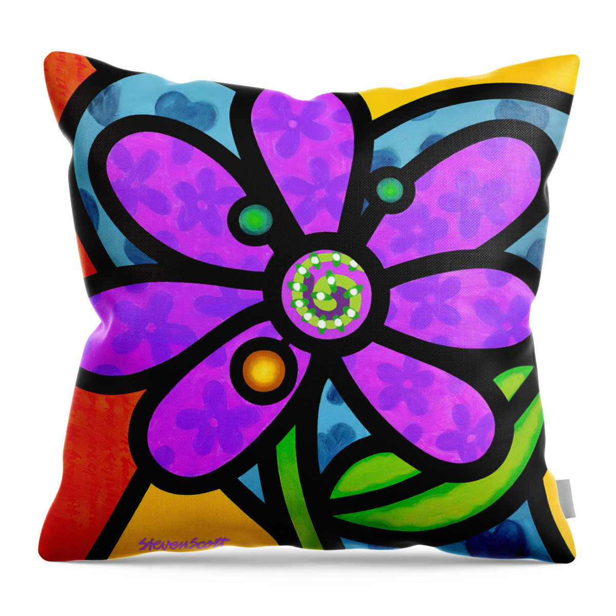 Abstract Throw Pillow featuring the painting Purple Pinwheel Daisy by Steven Scott