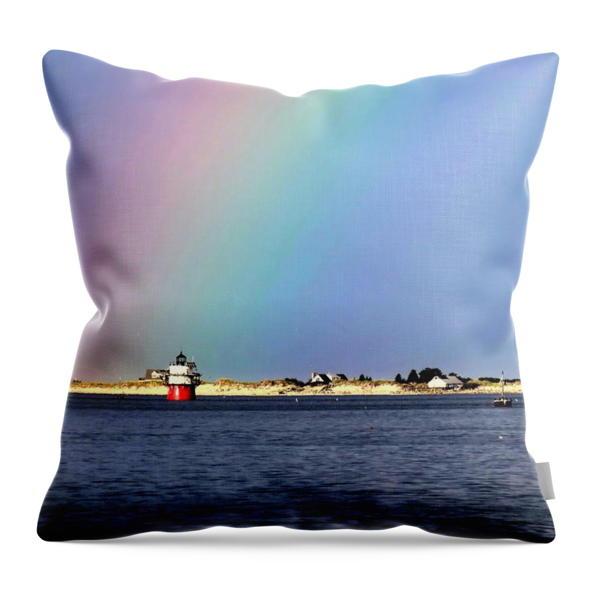 Rainbow Over Bug Light Throw Pillow featuring the photograph Rainbow over Bug Light by Janice Drew
