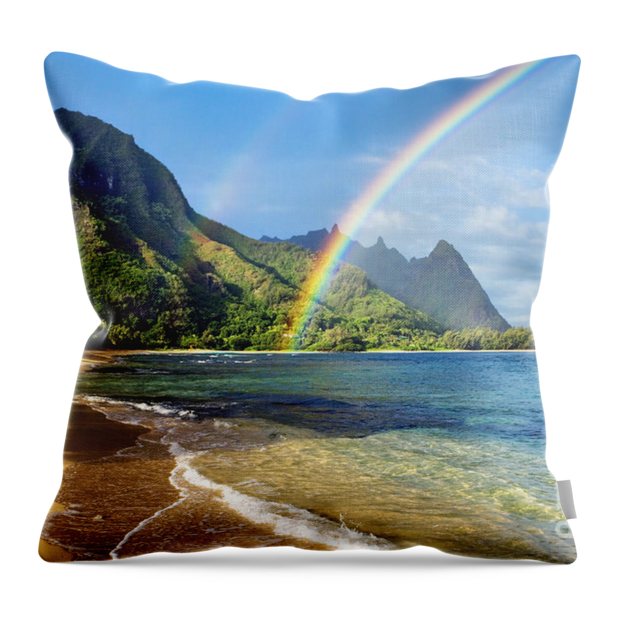 Amazing Throw Pillow featuring the photograph Rainbow over Haena Beach by M Swiet Productions