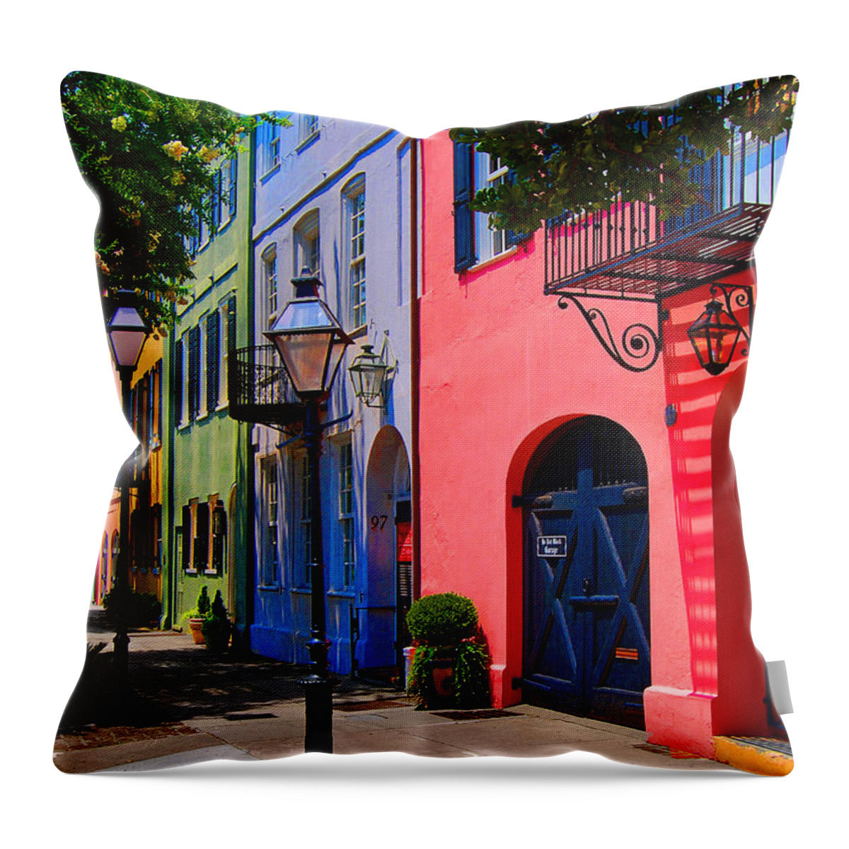 Scenic Tours Throw Pillow featuring the photograph Rainbow Row Charleston by Skip Willits