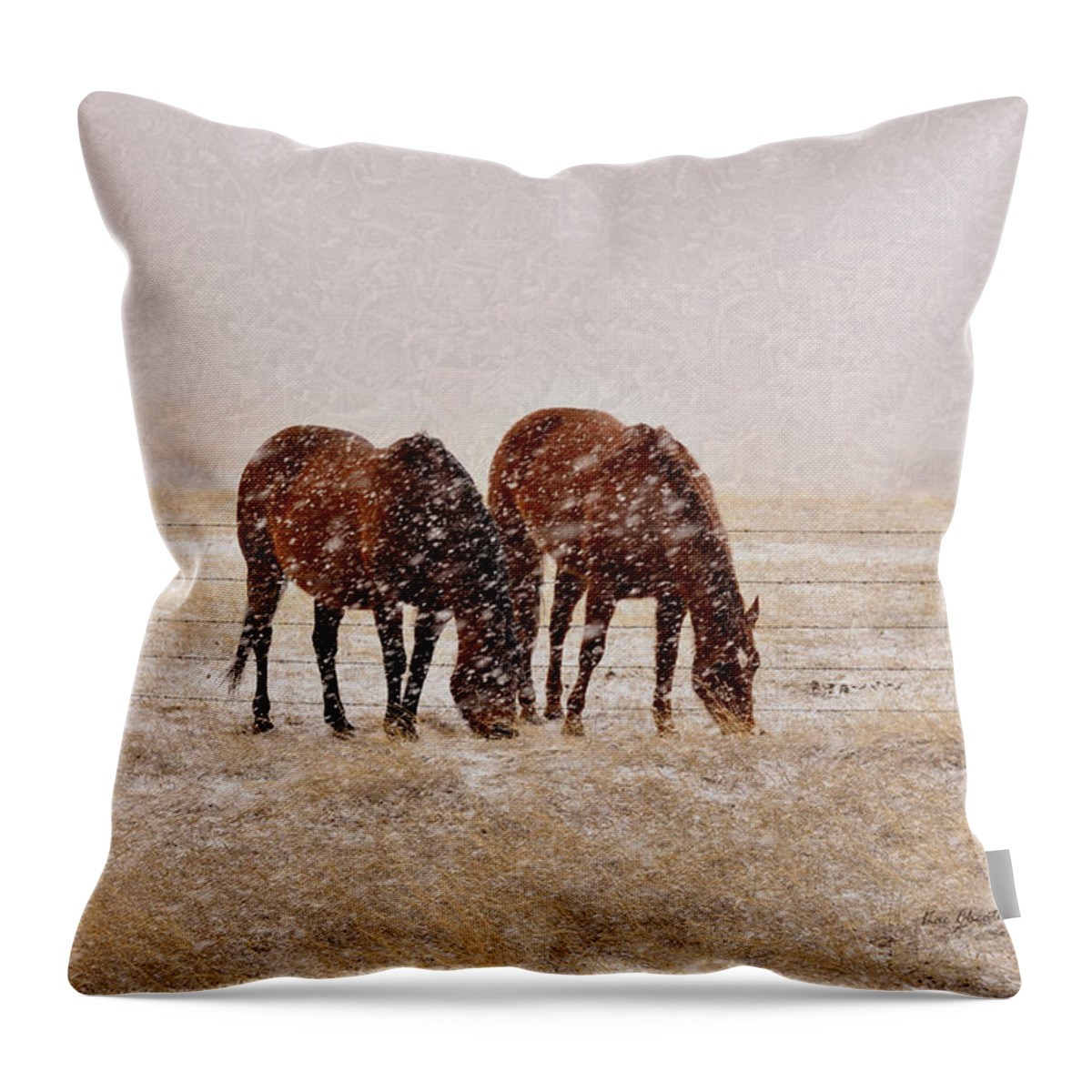 Brown Horses Throw Pillow featuring the photograph Ranch Horses in Snow by Kae Cheatham