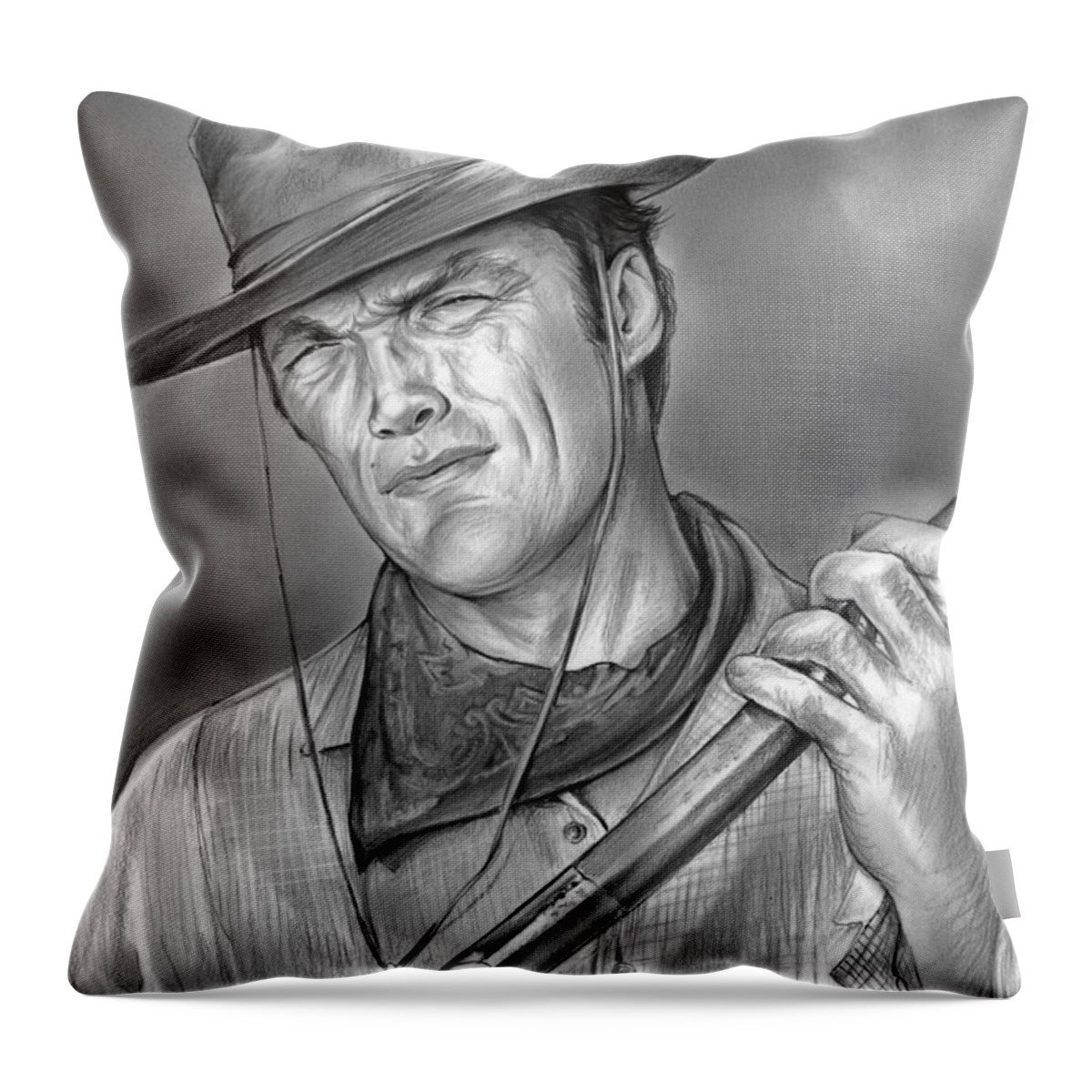 Clint Eastwood Throw Pillow featuring the drawing Rawhide by Greg Joens