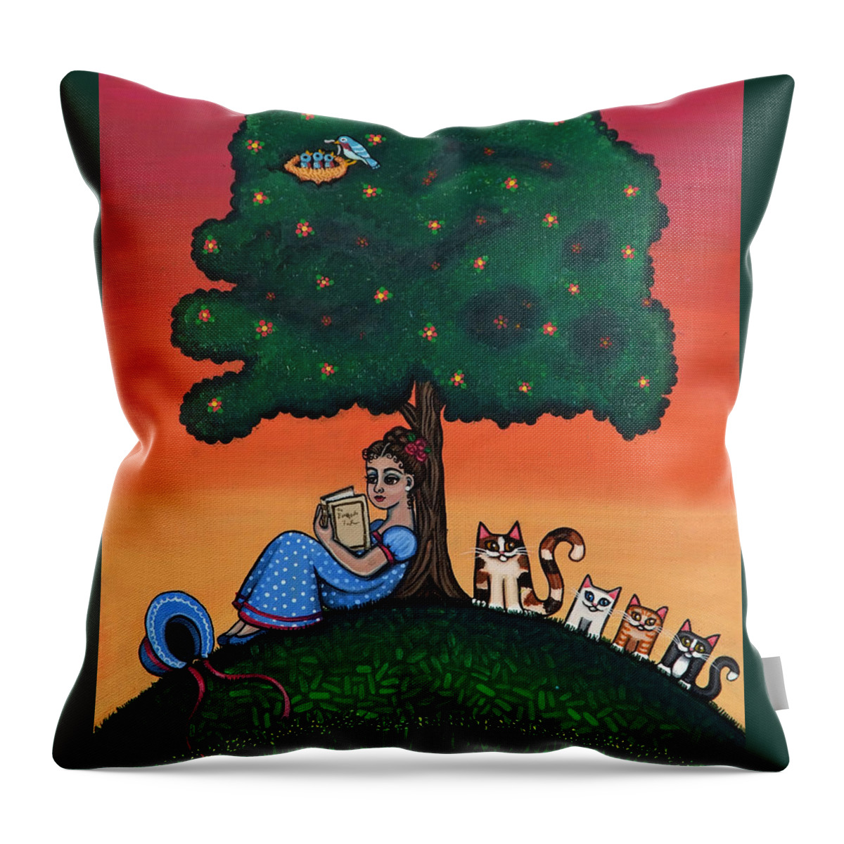 Jane Austen Throw Pillow featuring the painting Reading Jane by Victoria De Almeida