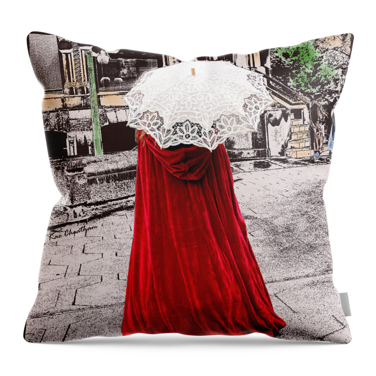 Red Cape Throw Pillow featuring the digital art Red and White Walking by Kae Cheatham