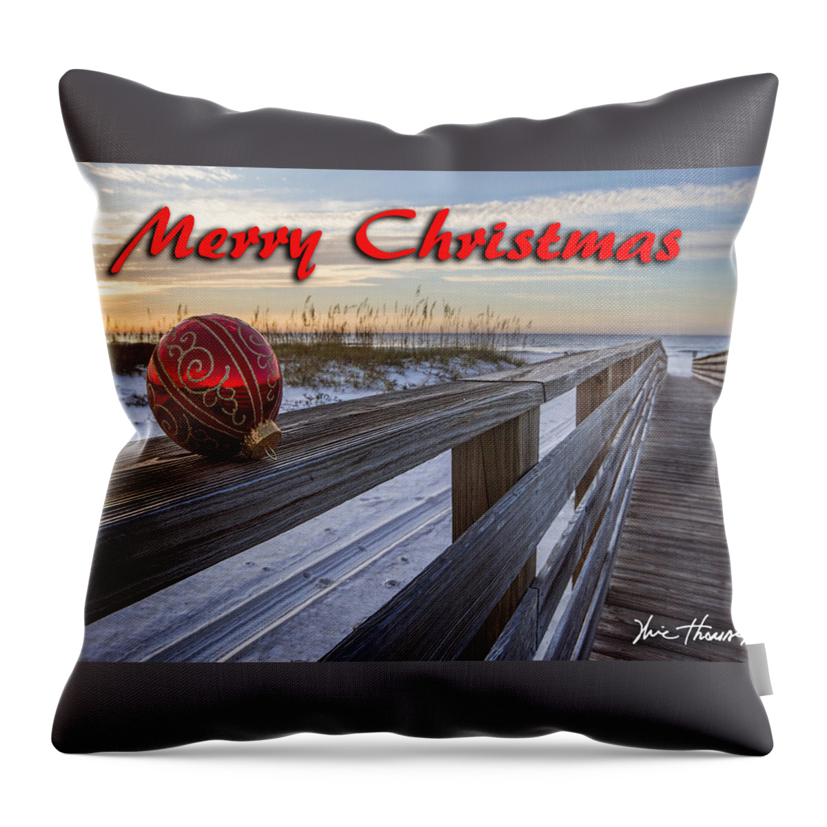 Christmas Throw Pillow featuring the digital art Red Bulb on the Rail by Michael Thomas