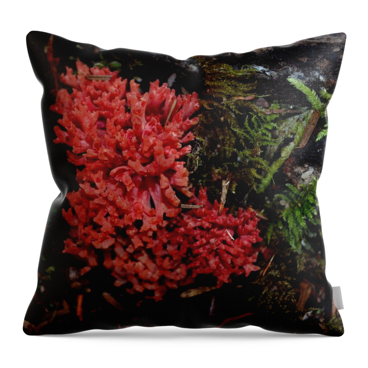 Red Coral Mushroom Throw Pillow featuring the photograph Red Coral Mushroom by Laureen Murtha Menzl