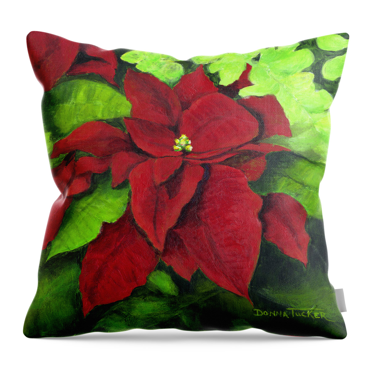 Christmas Flower Throw Pillow featuring the painting Red Poinsettia by Donna Tucker