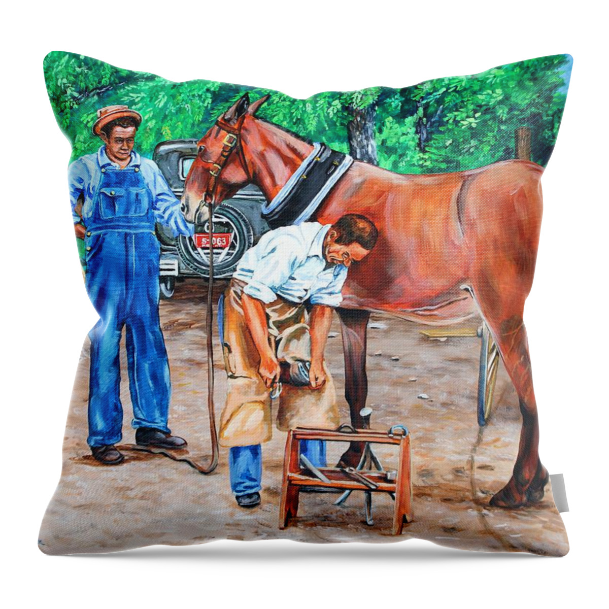 Farrier Throw Pillow featuring the painting Reshoeing the Farm Mule by Karl Wagner