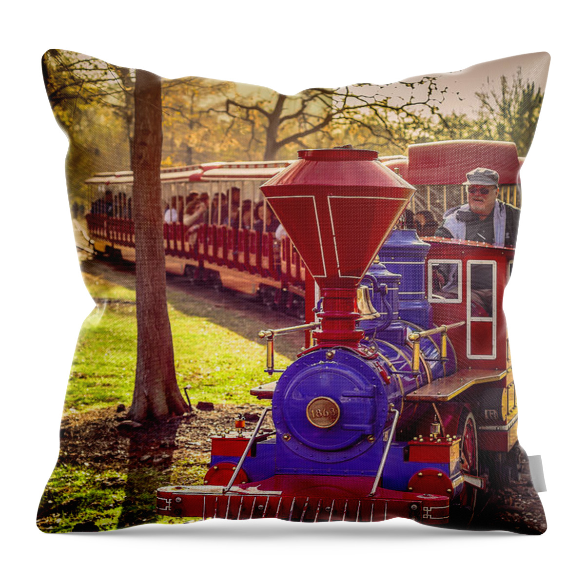 Train Throw Pillow featuring the photograph Riding out of the Sunset on the Hermann Park Train by David Morefield