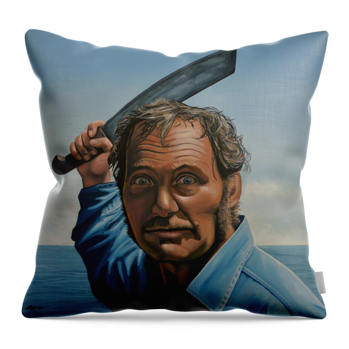 Robert Shaw Throw Pillow featuring the painting Robert Shaw in Jaws by Paul Meijering