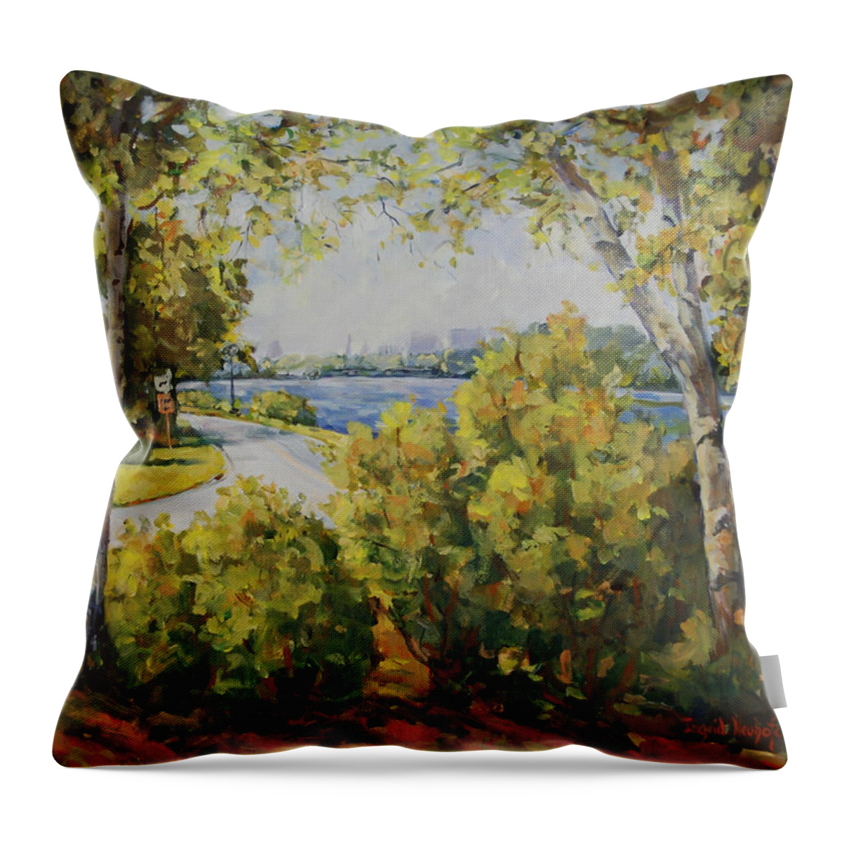 Rockford Il Throw Pillow featuring the painting Rock River Bike Path by Ingrid Dohm