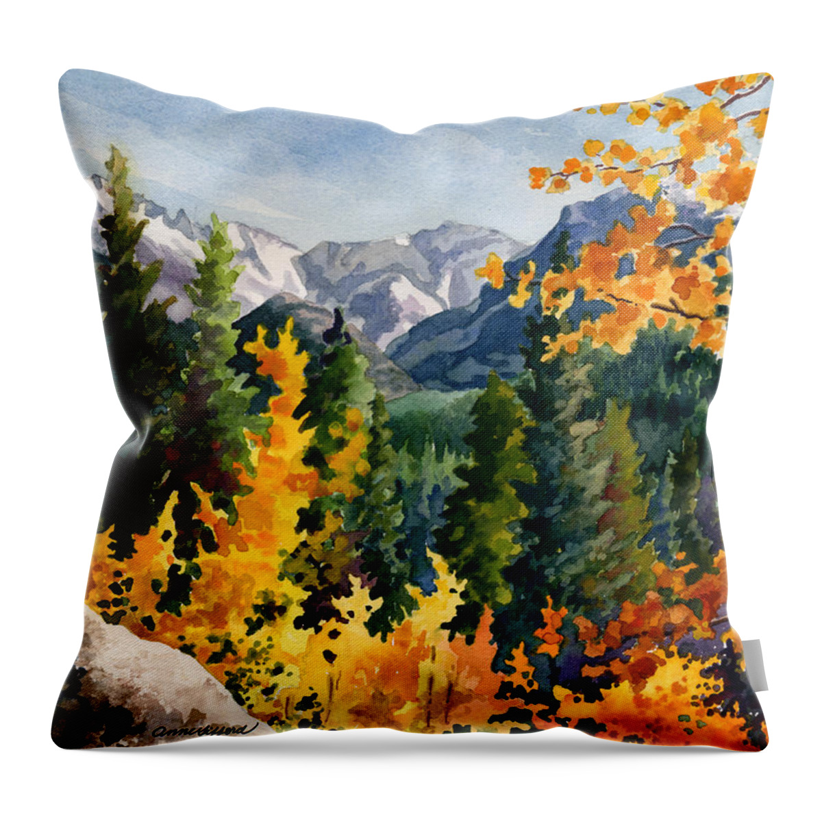 Autumn Trees Painting Throw Pillow featuring the painting Rocky Mountain National Park by Anne Gifford