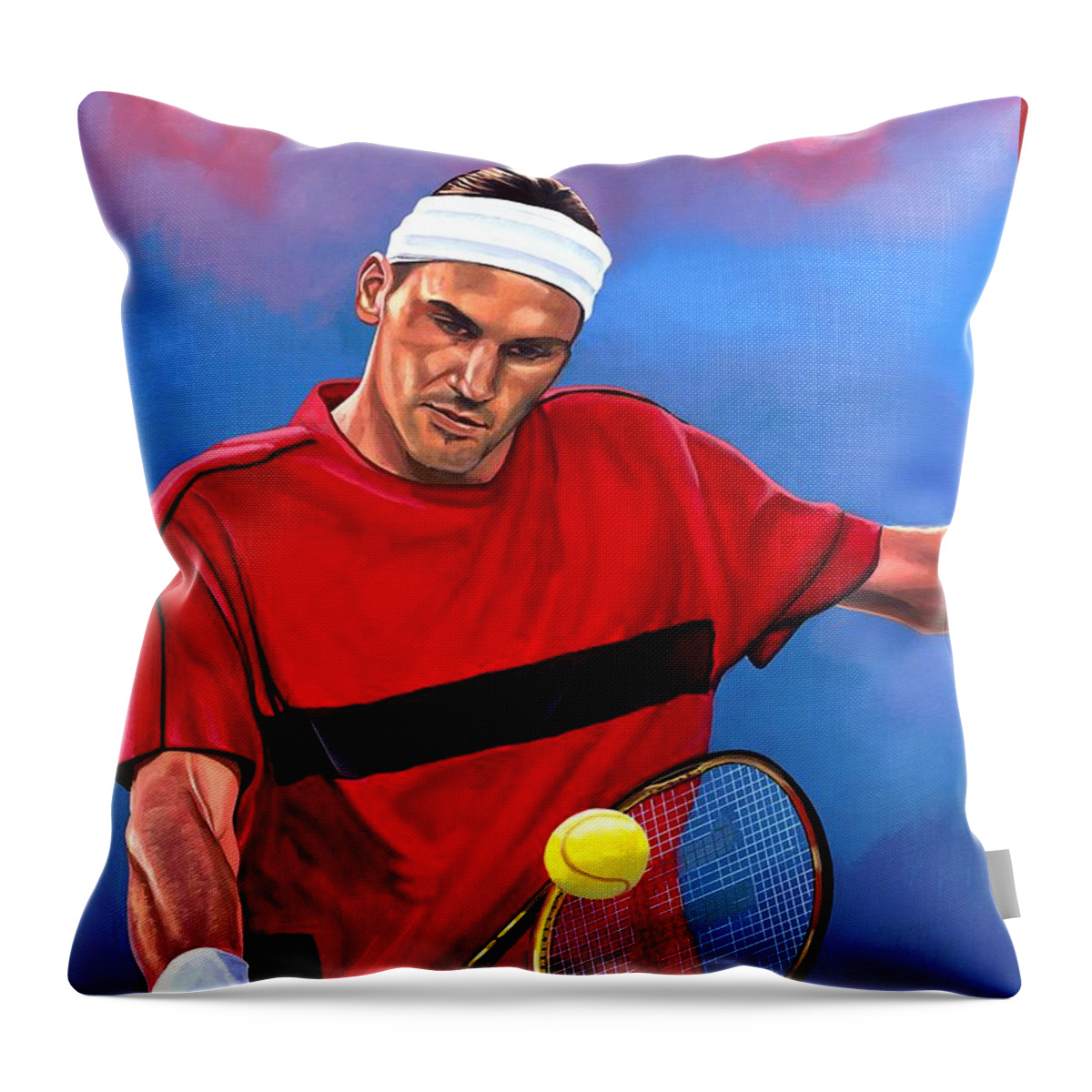 Roger Federer Throw Pillow featuring the painting Roger Federer The Swiss Maestro by Paul Meijering