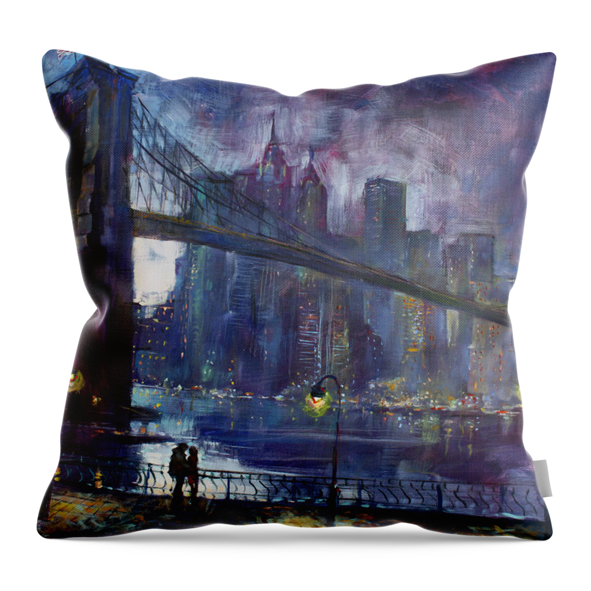Brooklyn Bridge Throw Pillow featuring the painting Romance by East River NYC by Ylli Haruni