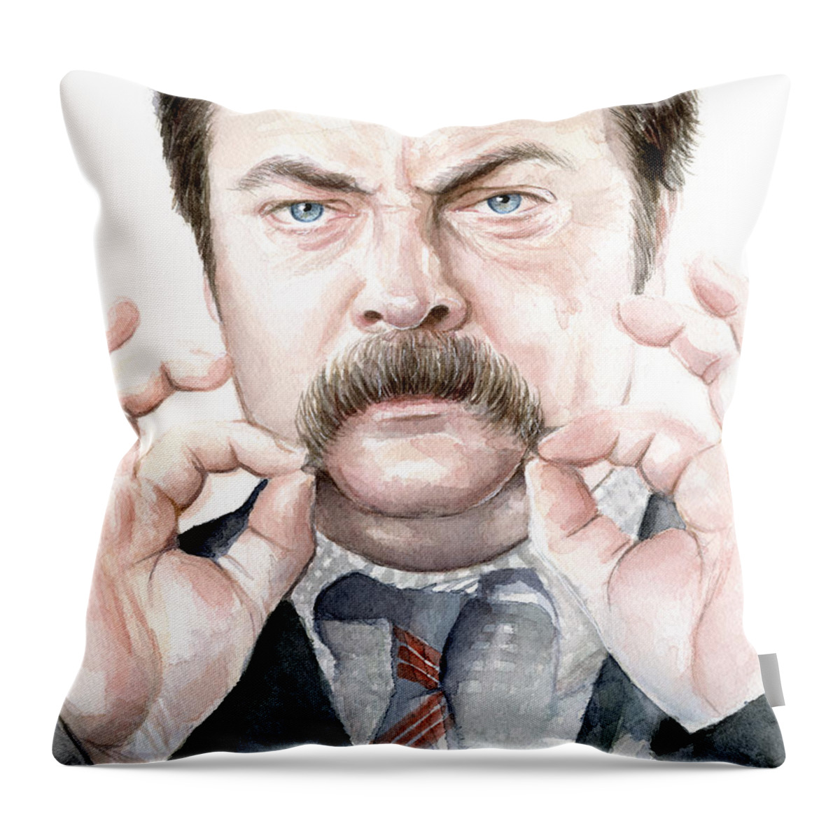 Ron Throw Pillow featuring the painting Ron Swanson Mustache Portrait by Olga Shvartsur