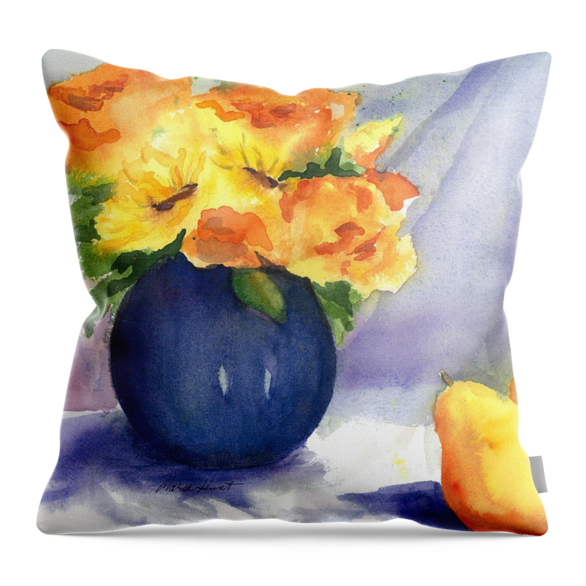 Sunflowers And Roses Throw Pillow featuring the painting Roses and Sunflowers by Maria Hunt
