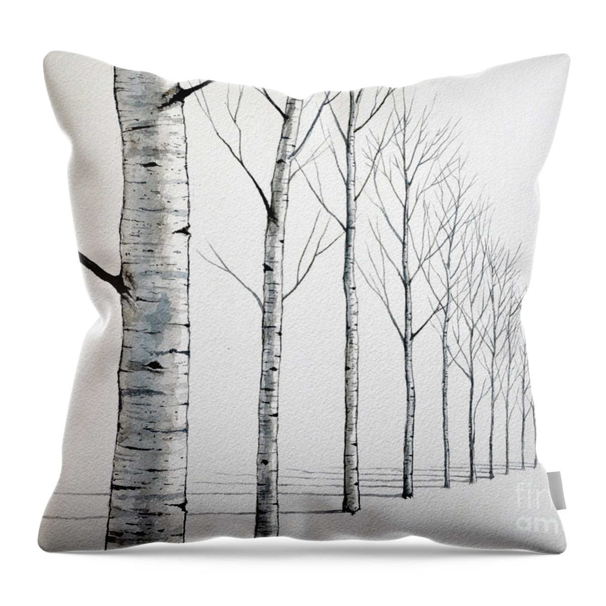 Birch Tree Throw Pillow featuring the painting Row of Birch Trees in the Snow by Christopher Shellhammer