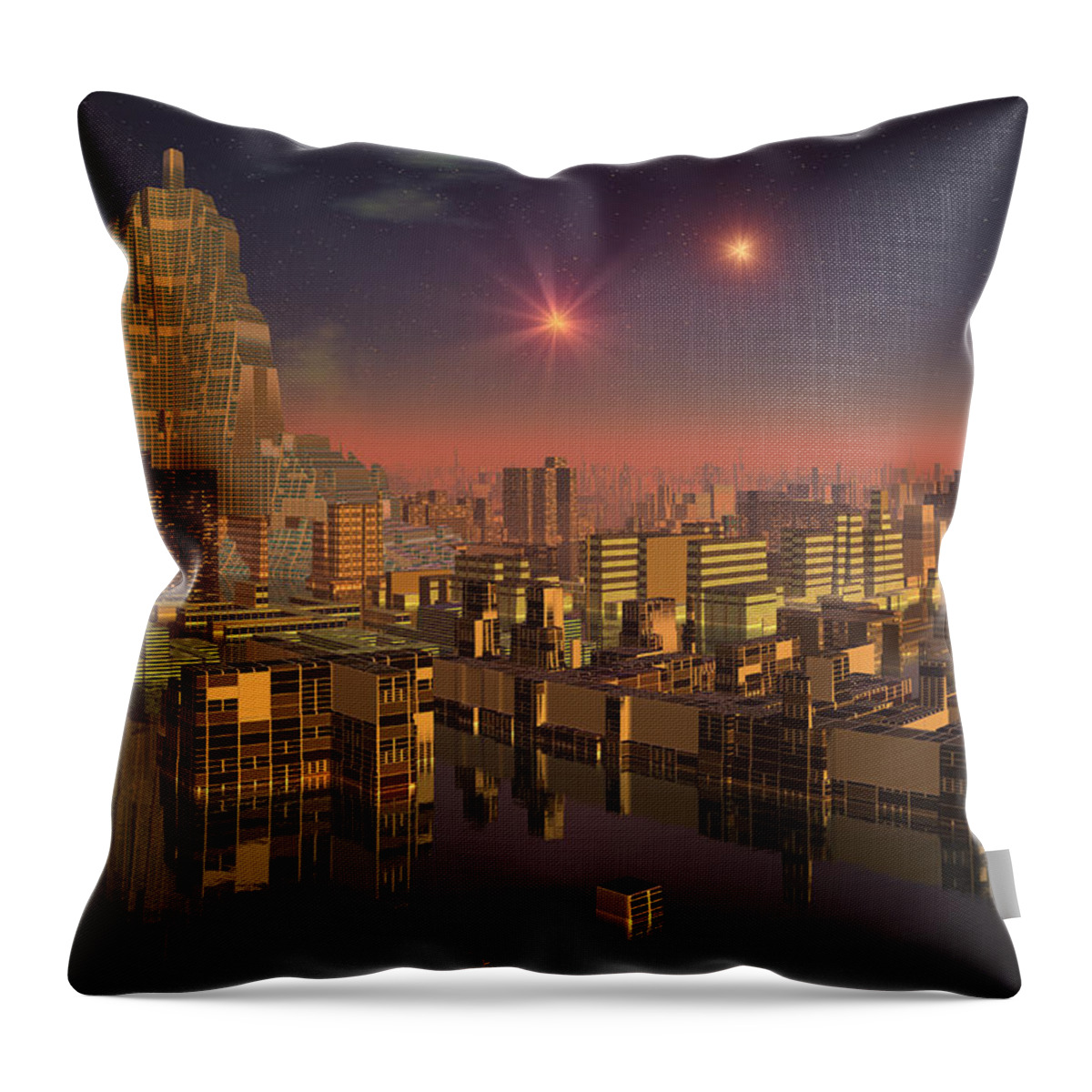 Sci Fi Throw Pillow featuring the digital art Rujjipet Sunset Alien Cityscape by Judi Suni Hall
