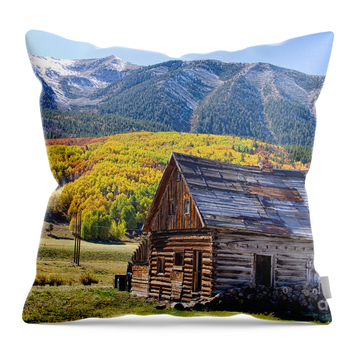 Aspens Throw Pillow featuring the photograph Rustic Rural Colorado Cabin Autumn Landscape by James BO Insogna