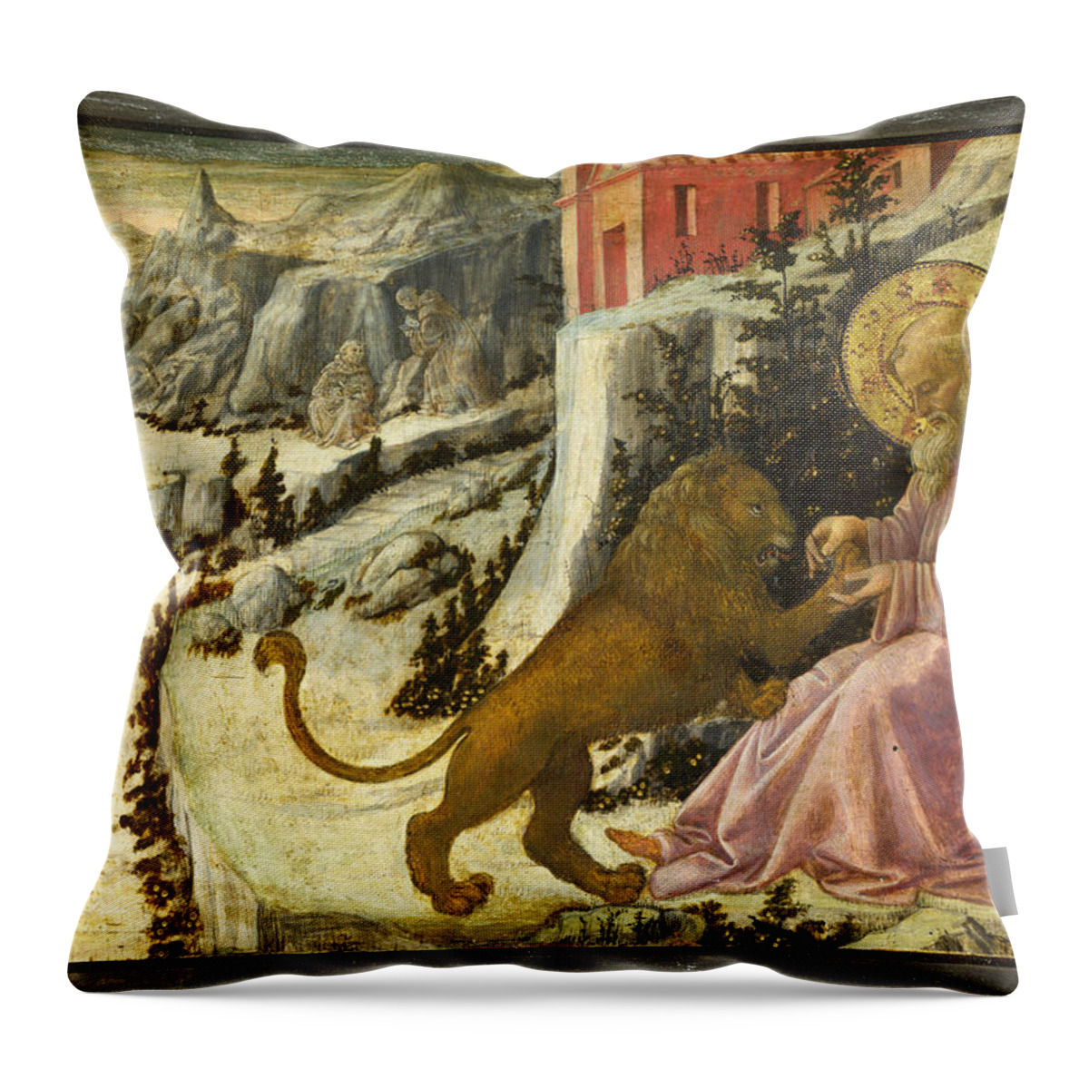 Fra Filippo Lippi And Workshop Throw Pillow featuring the painting Saint Jerome and the Lion - Predella Panel by Fra Filippo Lippi and Workshop