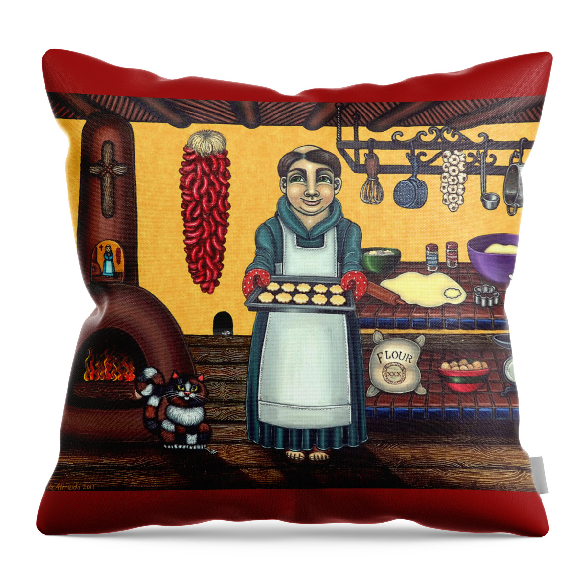 Folk Art Throw Pillow featuring the painting San Pascual Making Biscochitos by Victoria De Almeida