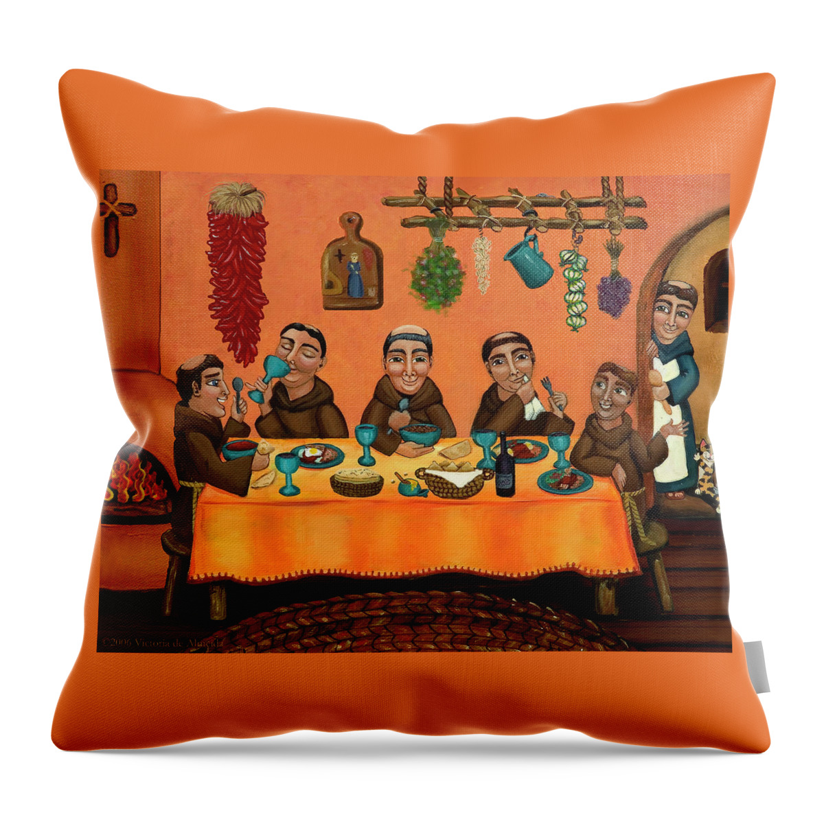 Hispanic Art Throw Pillow featuring the painting San Pascuals Table by Victoria De Almeida