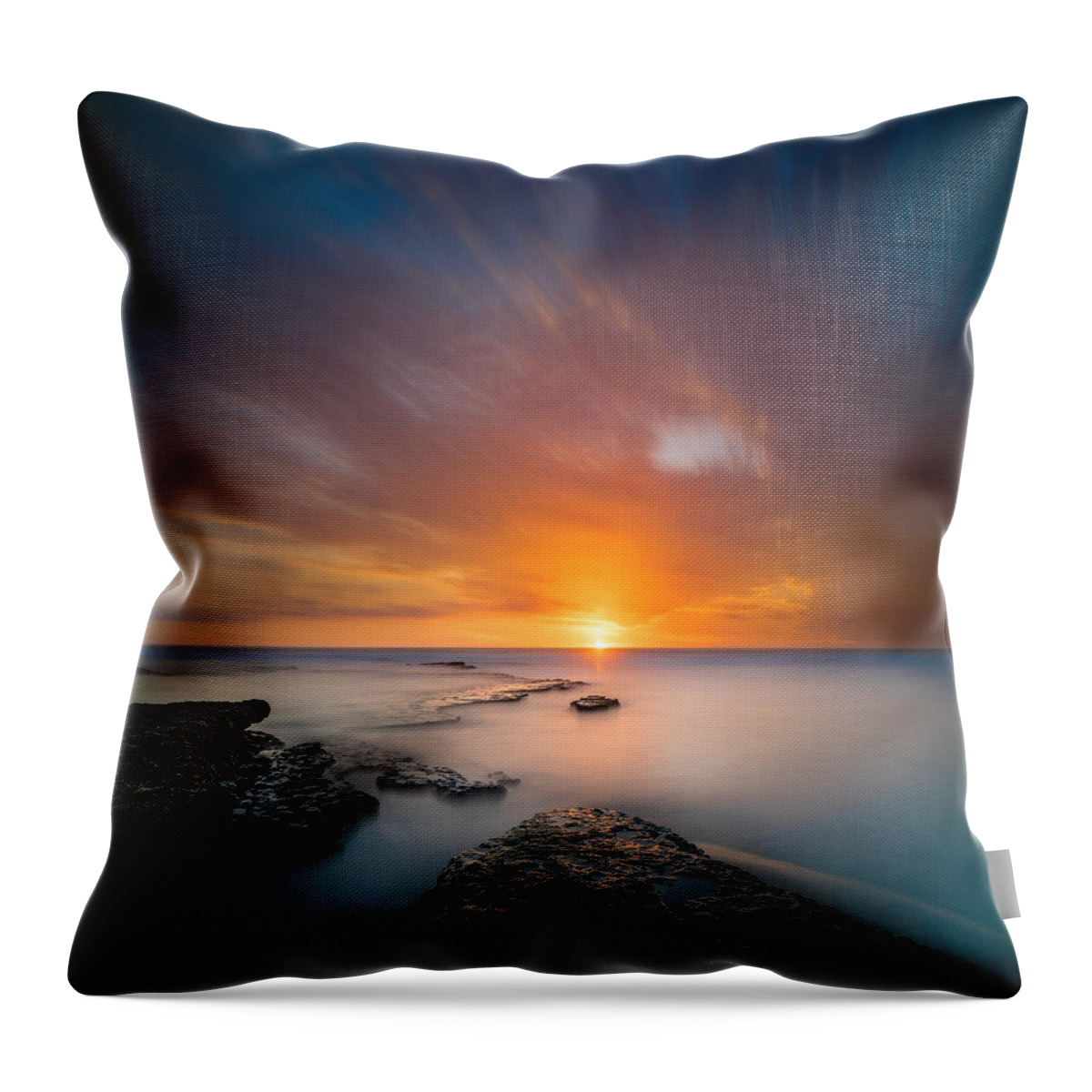 California; Long Exposure; Reflection; San Diego; Seascape; Sunset; Surf; Seaside; Clouds Throw Pillow featuring the photograph Seaside Sunset 2- Square by Larry Marshall