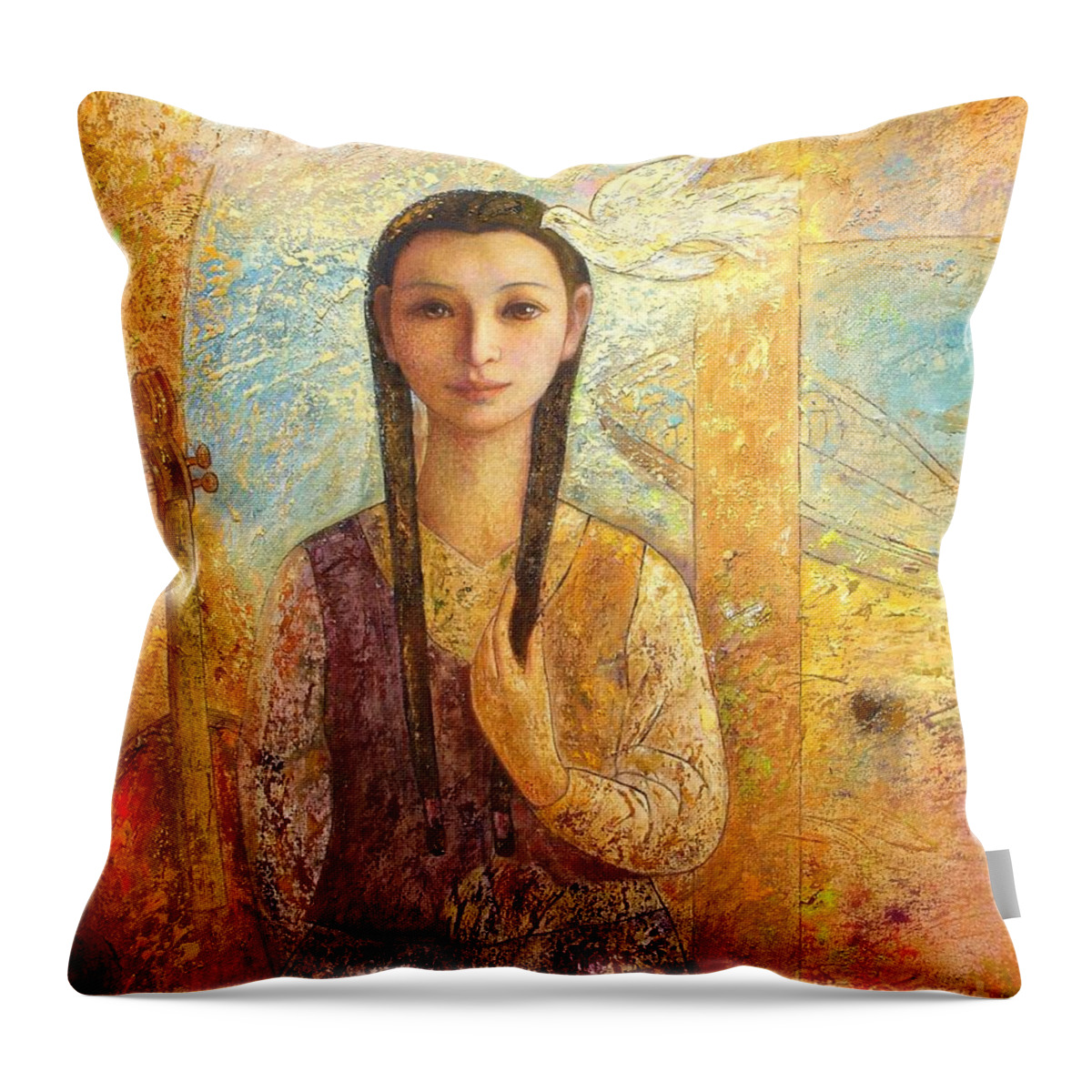 Oil Throw Pillow featuring the painting Serene Seaside by Shijun Munns
