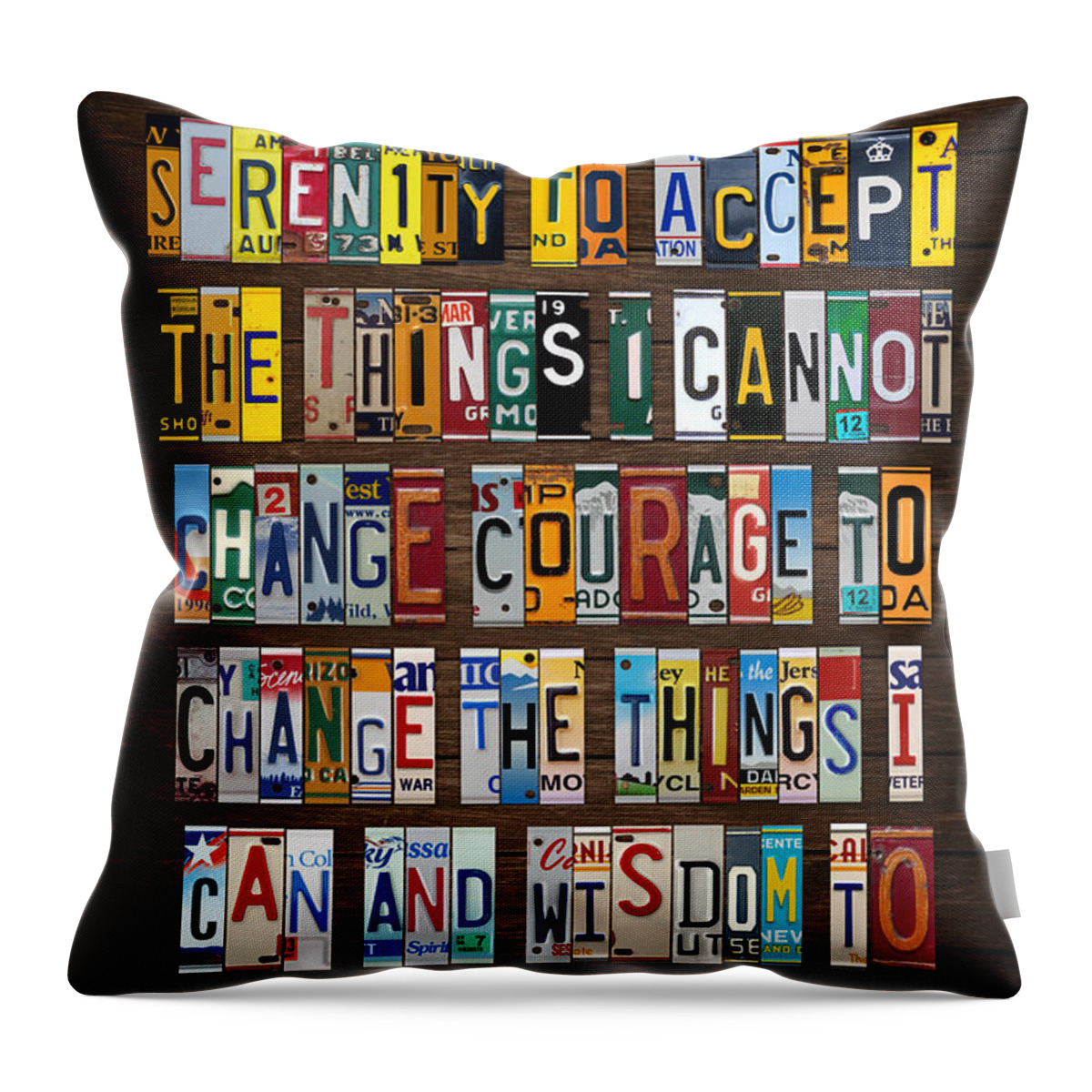 Serenity Prayer Throw Pillow featuring the mixed media Serenity Prayer Reinhold Niebuhr Recycled Vintage American License Plate Letter Art by Design Turnpike