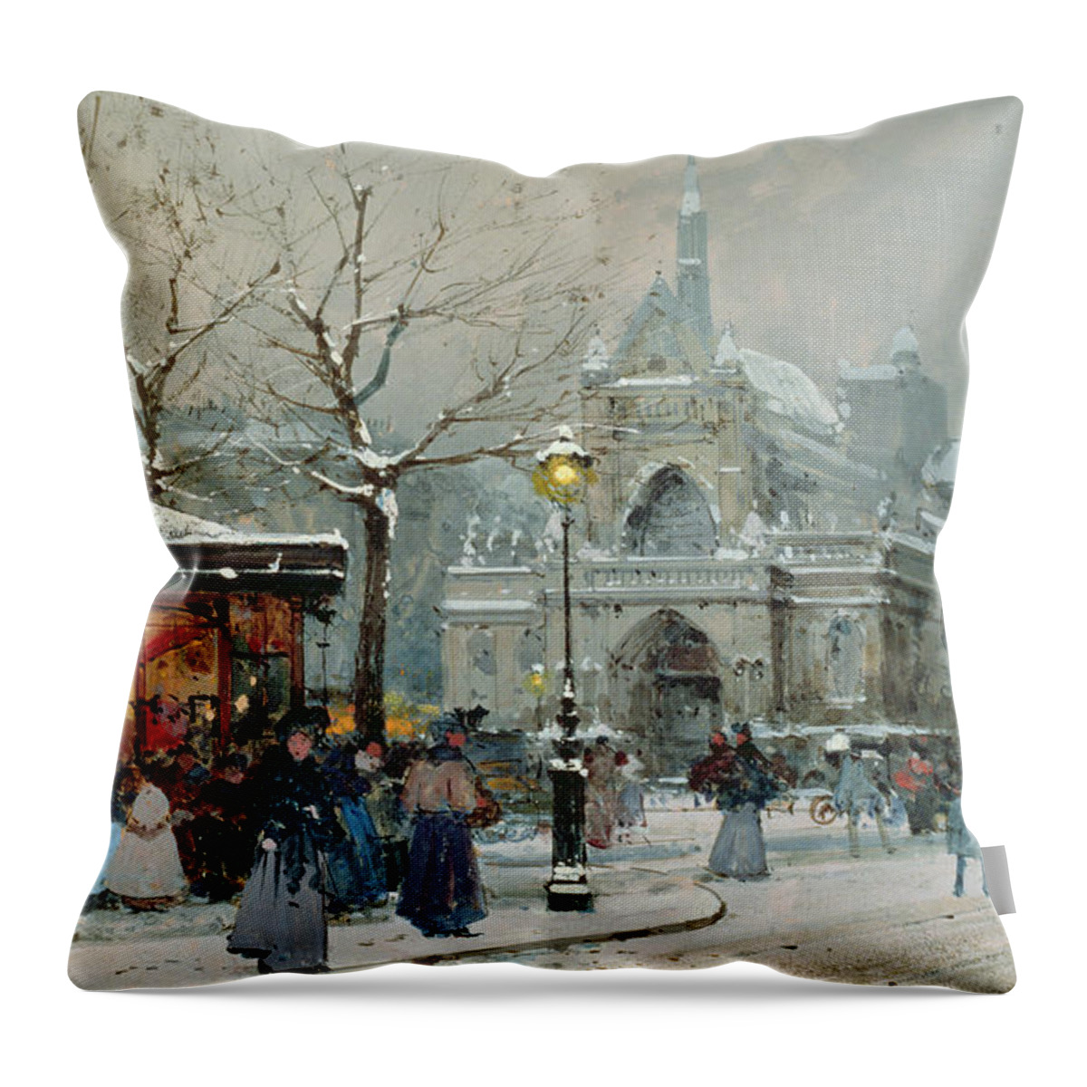 Gas Light Throw Pillow featuring the painting Snow Scene in Paris by Eugene Galien-Laloue