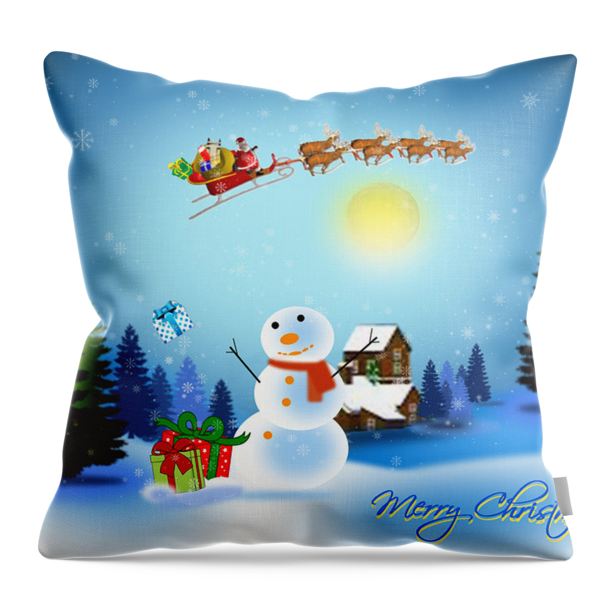Christmas Throw Pillow featuring the digital art Snowmen receive gifts too by Spikey Mouse Photography