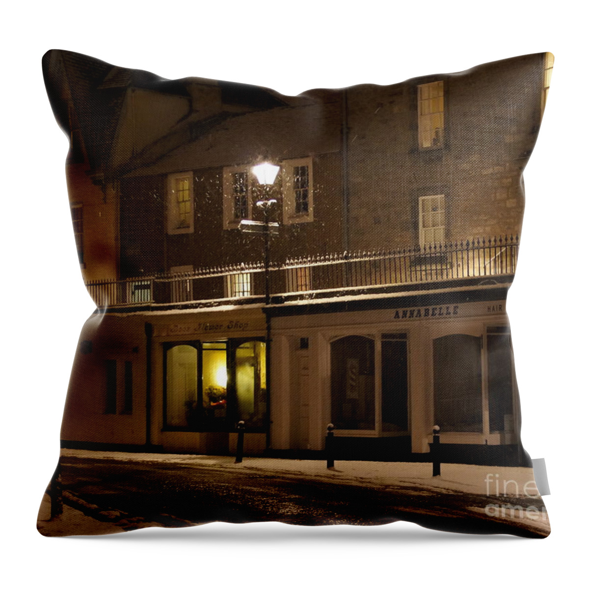 South Queensferry Main Street Throw Pillow featuring the photograph Snowy night by Elena Perelman