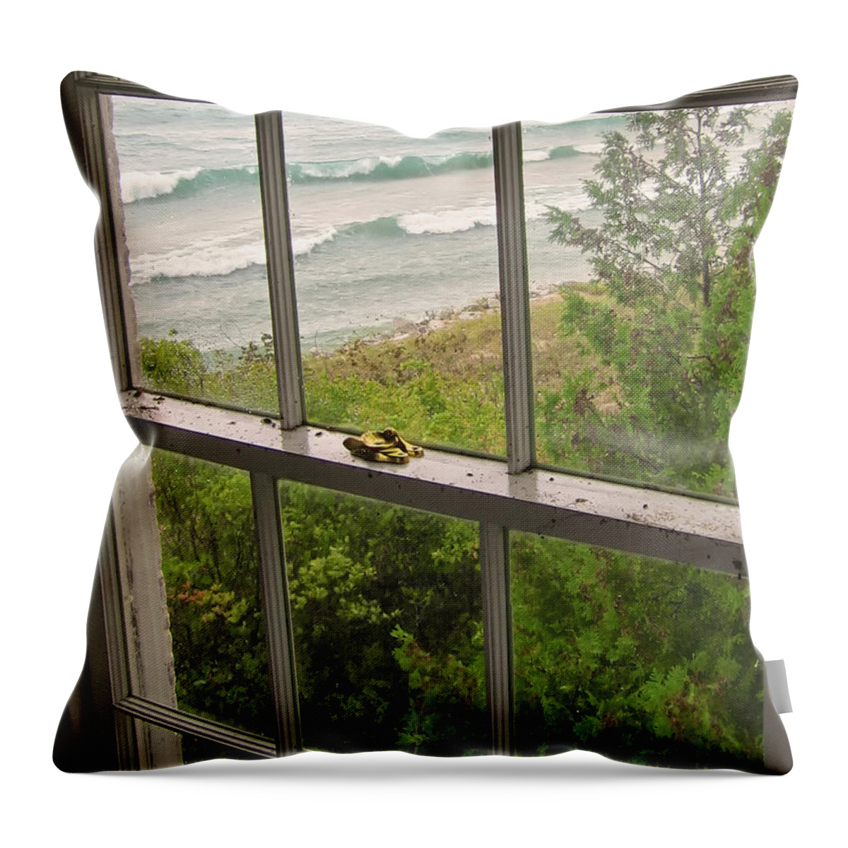 Landscapes Throw Pillow featuring the photograph South Manitou Island Lighthouse Window by Mary Lee Dereske