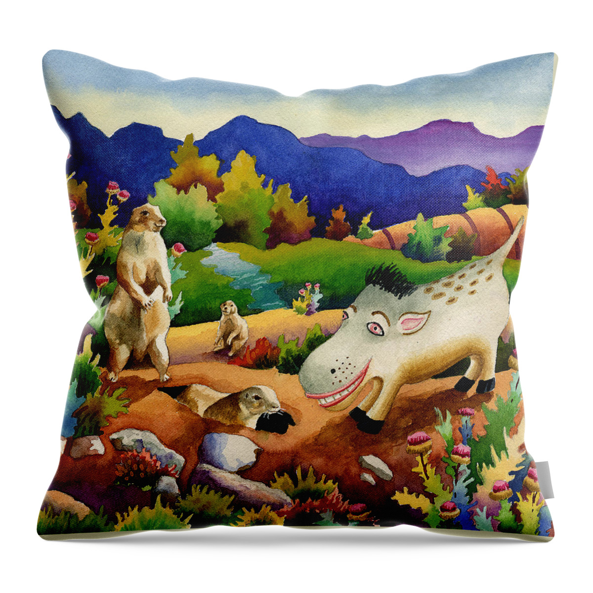 Spike The Dhog Painting Throw Pillow featuring the painting Spike the Dhog Chats with Some Friendly Prairie Dhogs by Anne Gifford