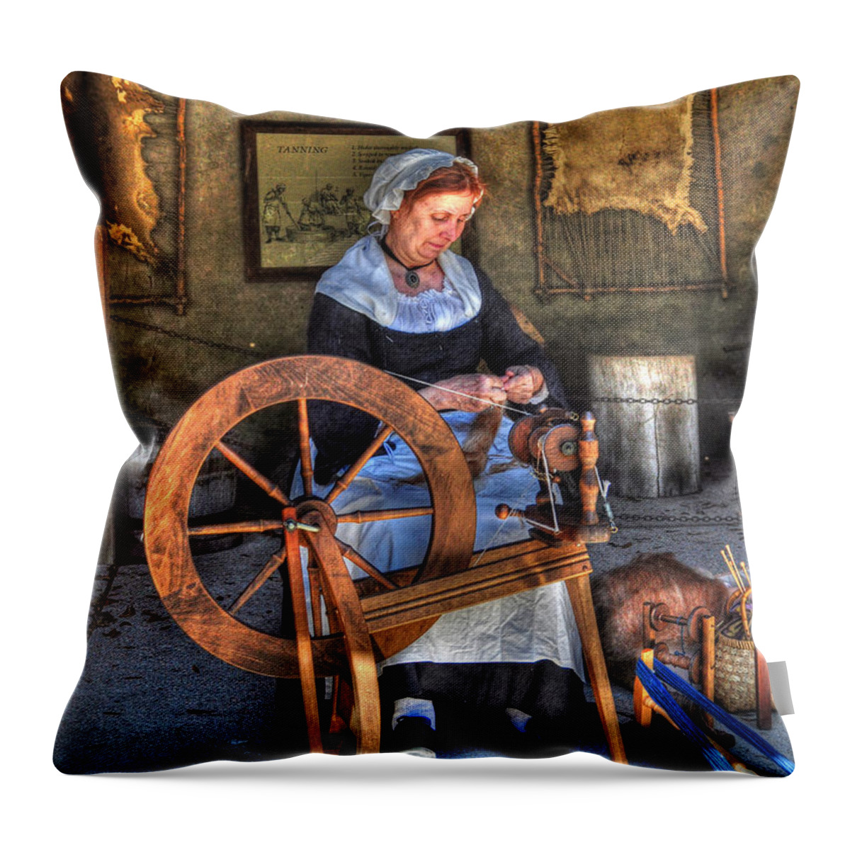 Historic Throw Pillow featuring the photograph Spinning Yarn by Kathy Baccari