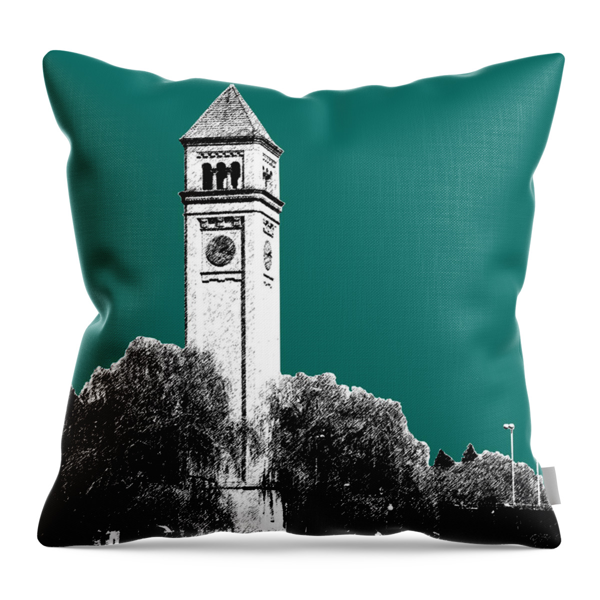 Architecture Throw Pillow featuring the digital art Spokane Skyline Clock Tower - Sea Green by DB Artist