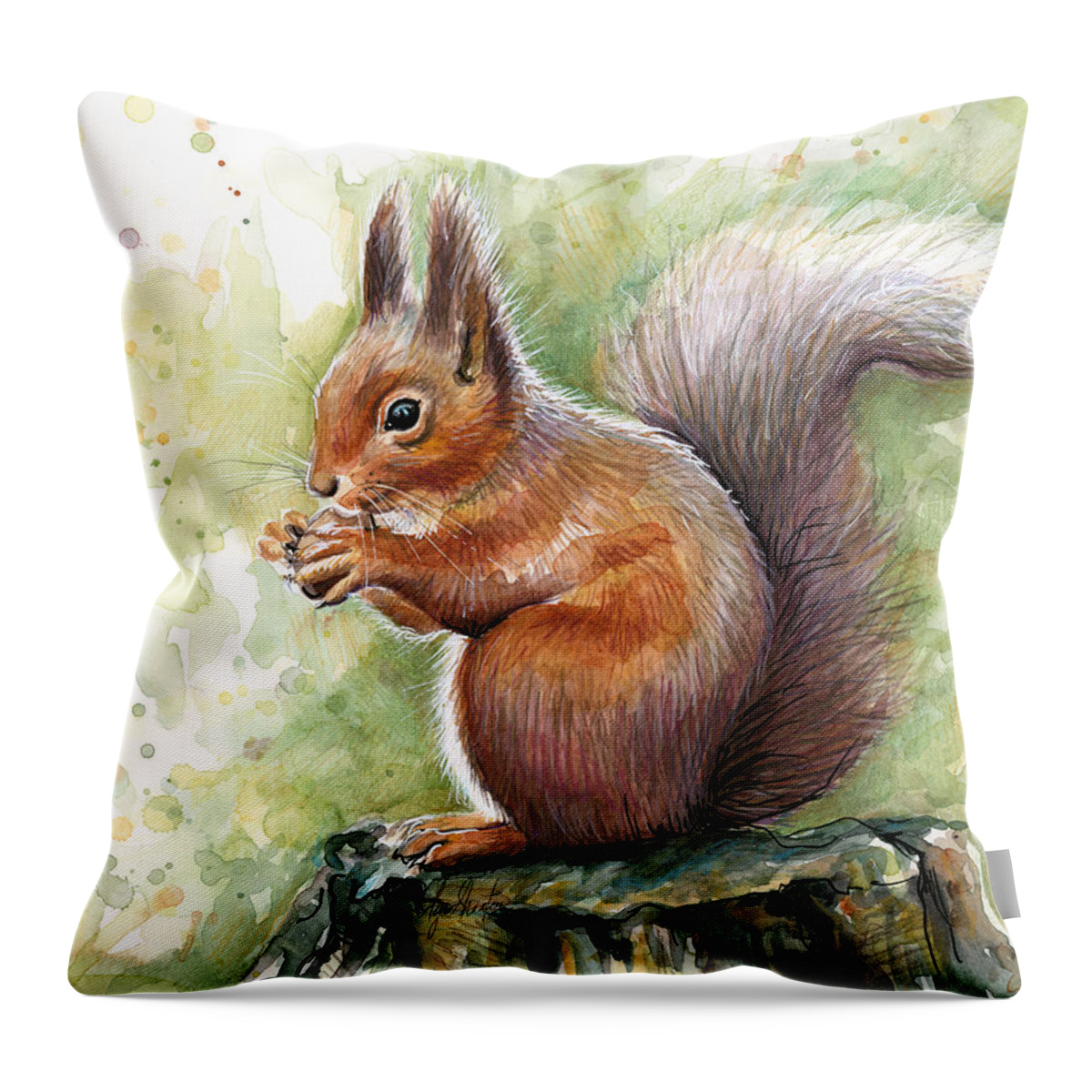 Squirrel Throw Pillow featuring the painting Squirrel Watercolor Art by Olga Shvartsur